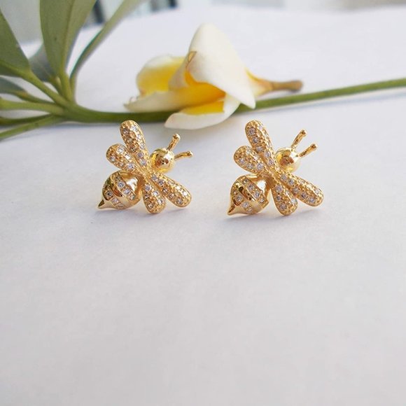 14k Gold Queen Bee Diamonds Stud Earrings Sterling Silver - Picture 4 of 12